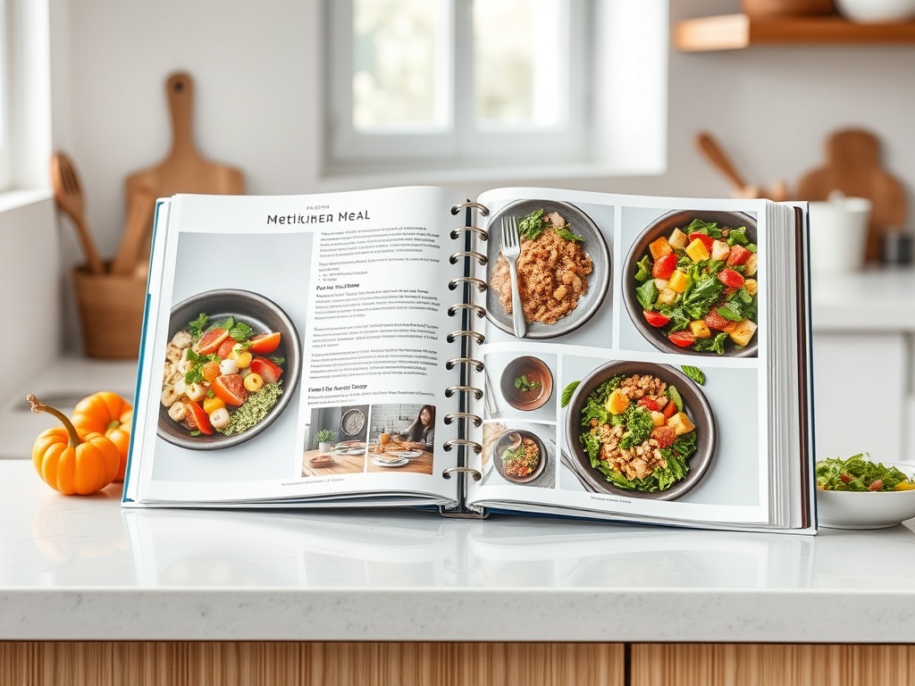 "Minimalist kitchen counter" "open recipe binder with colorful meal photos" "fresh Mediterranean ingredients" "low-carb protein bowls" "plant-based dishes" "bright natural light"