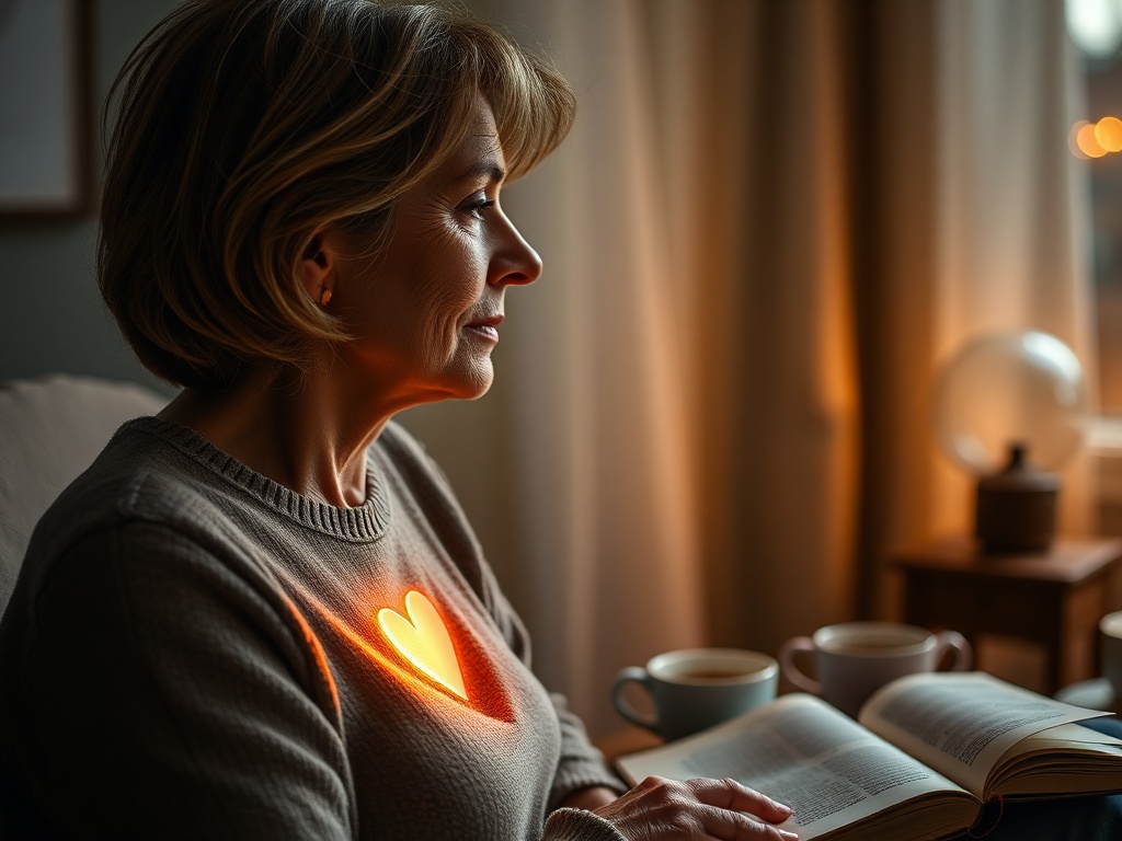 "middle-aged woman in profile" "gentle scale tipping from light to heavy clothes" "subtle heartbeat overlay glowing near chest" "warm, hopeful evening light" "calm home setting with tea and open ebook"