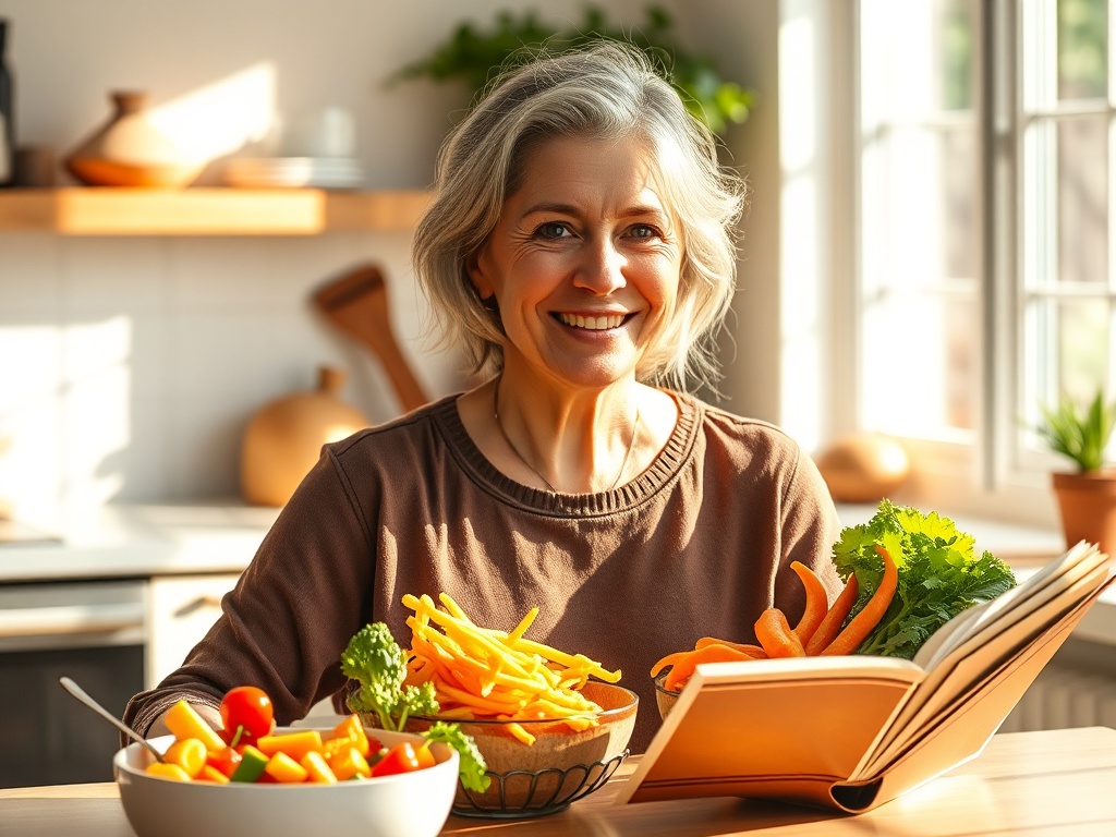 "middle-aged woman smiling in sunlit kitchen" "fresh colorful meal prep bowls" "open recipe bundle pages floating" "warm earthy tones" "cozy modern decor"