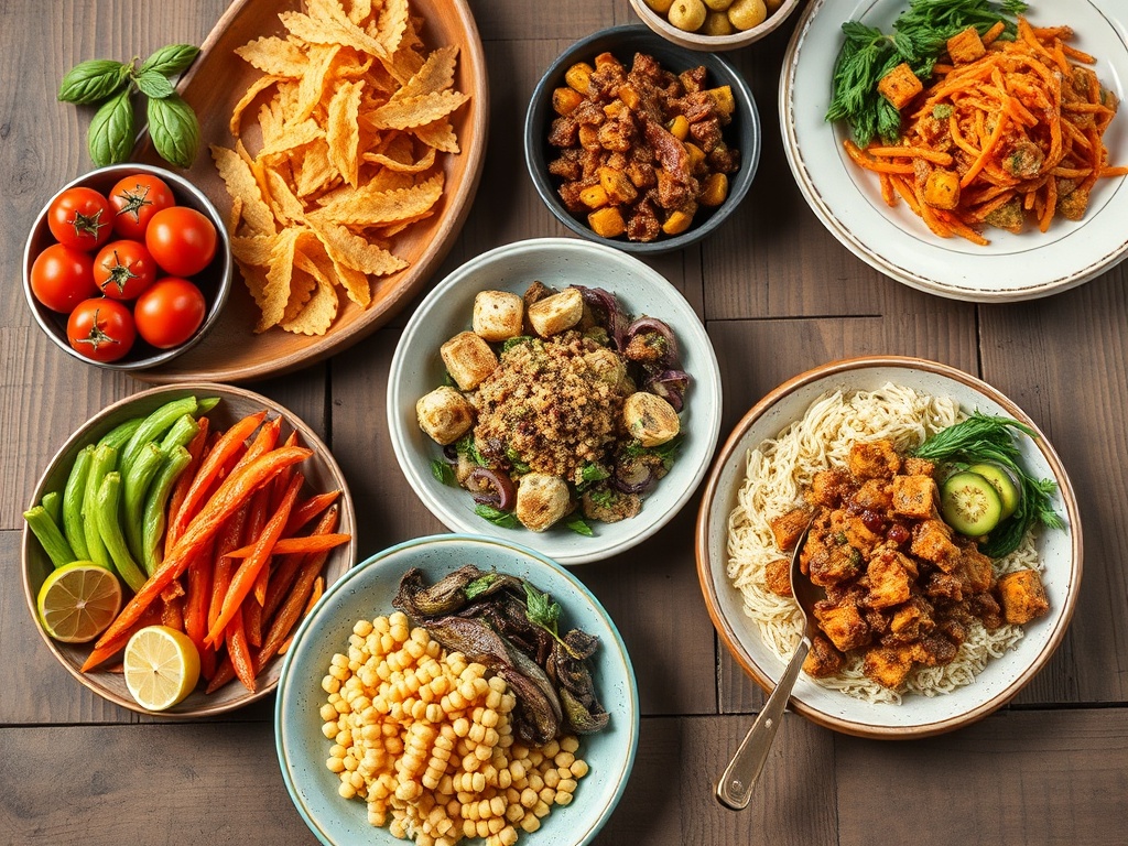 "stack of healthy meal photos" "colorful protein-rich dishes" "rustic wooden table" "soft natural lighting" "top-down and angled shots"