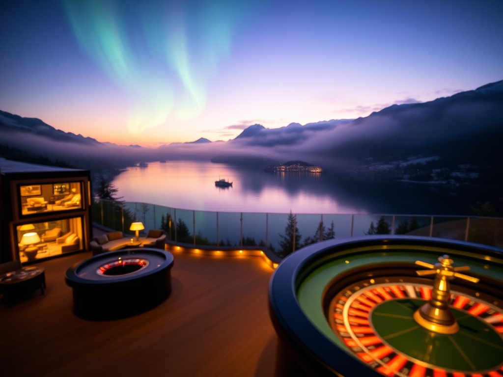 Luxury Nordic casino hotel by Norway fjord at twilight, panoramic suites with warm lights, elegant lounge glow, roulette tables blurred, misty aurora sky, tranquil spa.