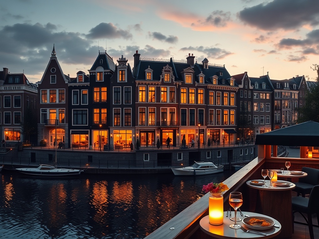 "Luxury canal-district hotel at dusk in the Netherlands, glowing designer suites windows, elegant gaming lounge ambiance, gourmet dining plates, serene spa light, rooftop cocktails reflections."