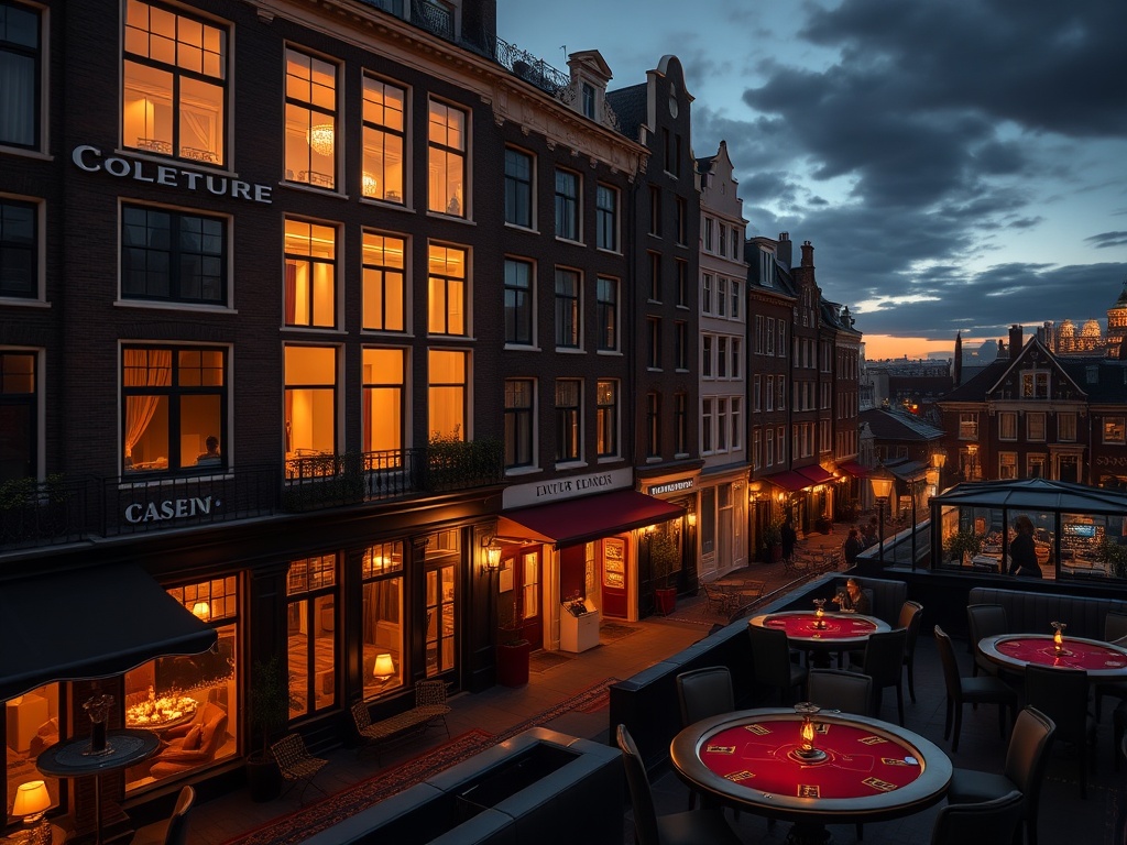 "A Dutch canal-district luxury hotel facade at dusk, glowing designer windows, moody velvet casino lounge interior, elegant gaming tables, golden lighting, couples mood, rooftop skyline, cinematic depth."