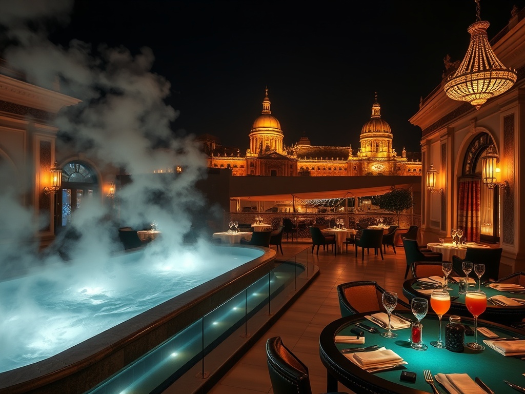"opulent Hungarian luxury hotel scene blending 'thermaal spa steam' and 'glamorous VIP casino gaming tables' with 'gourmet dining' and 'rooftop cocktails' at night, elegant." "You MUST not include ANY brand images or logos." "You may ONLY reply with the f