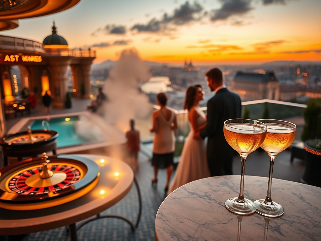 "Luxurious Hungarian casino-night interior blending into a serene thermal spa; gleaming roulette tables, warm amber lighting, and steam-lit pools visible beyond; elegant city skyline at dusk." "Rooftop lounge ambience and handcrafted cocktail glasses on a