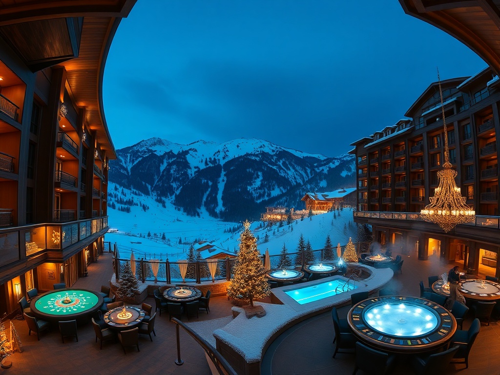 A night panorama of alpine grand resort; dark walnut and gold interiors glowing; panoramic suites overlooking snowy peaks; elegant casino tables and spa steam.