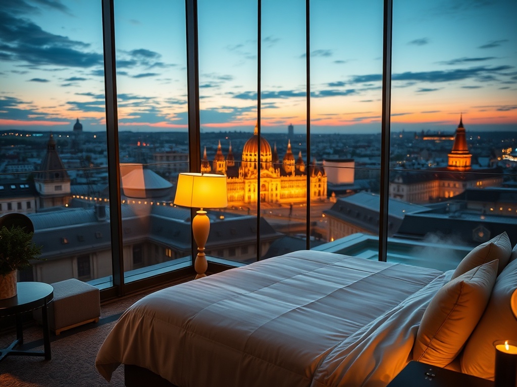 Luxurious Hungarian city-view suite at dusk, panoramic windows, plush bed, warm lamp glow, subtle thermal spa steam, elegant casino floor lights in background, VIP ambiance, rooftop cocktails bokeh, no people.