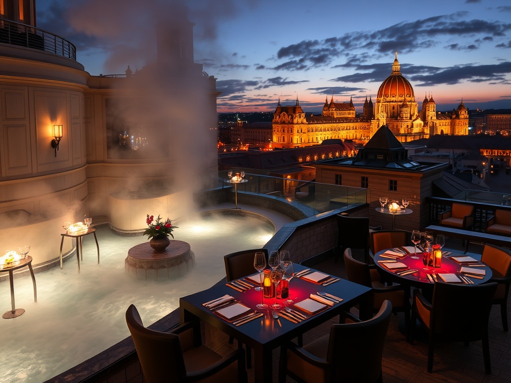"opulent Hungarian luxury hotel scene blending 'thermaal spa steam' and 'glamorous VIP casino gaming tables' with 'gourmet dining' and 'rooftop cocktails' at night, elegant." "You MUST not include ANY brand images or logos." "You may ONLY reply with the f