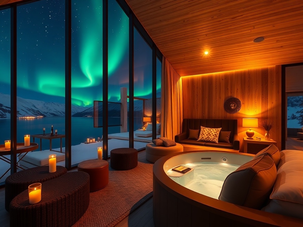 "Luxurious Nordic suite" with "panoramic fjord windows", "warm candlelit lounge", "subtle roulette lights", "steam-filled spa terrace" under "Northern lights".