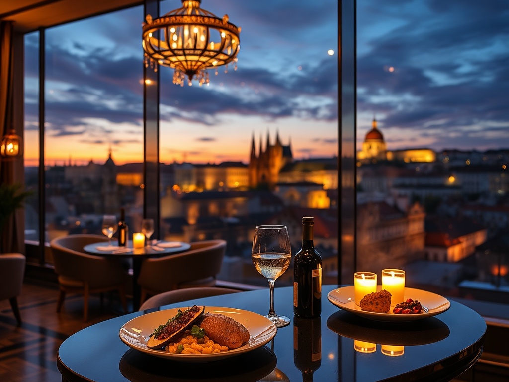 "luxury Prague casino lounge at dusk" "glowing suite skyline view" "historic spa steam" "fine Czech cuisine plating" "warm romantic ambiance" .