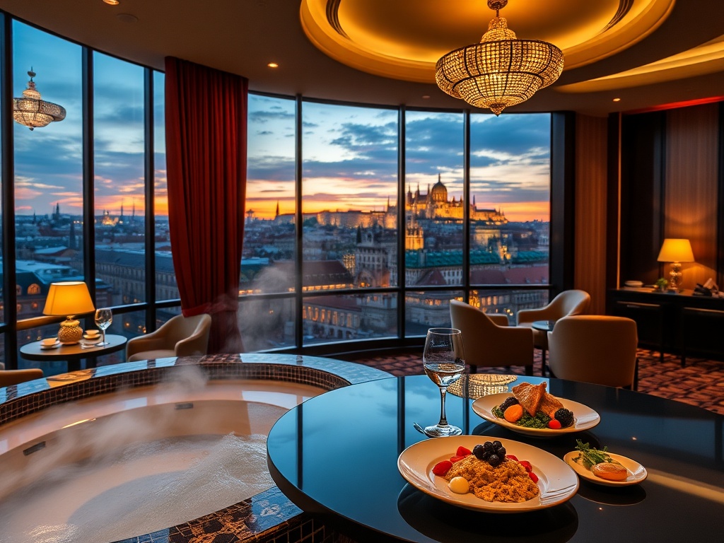 "luxury Prague casino lounge at dusk" "glowing suite skyline view" "historic spa steam" "fine Czech cuisine plating" "warm romantic ambiance" .