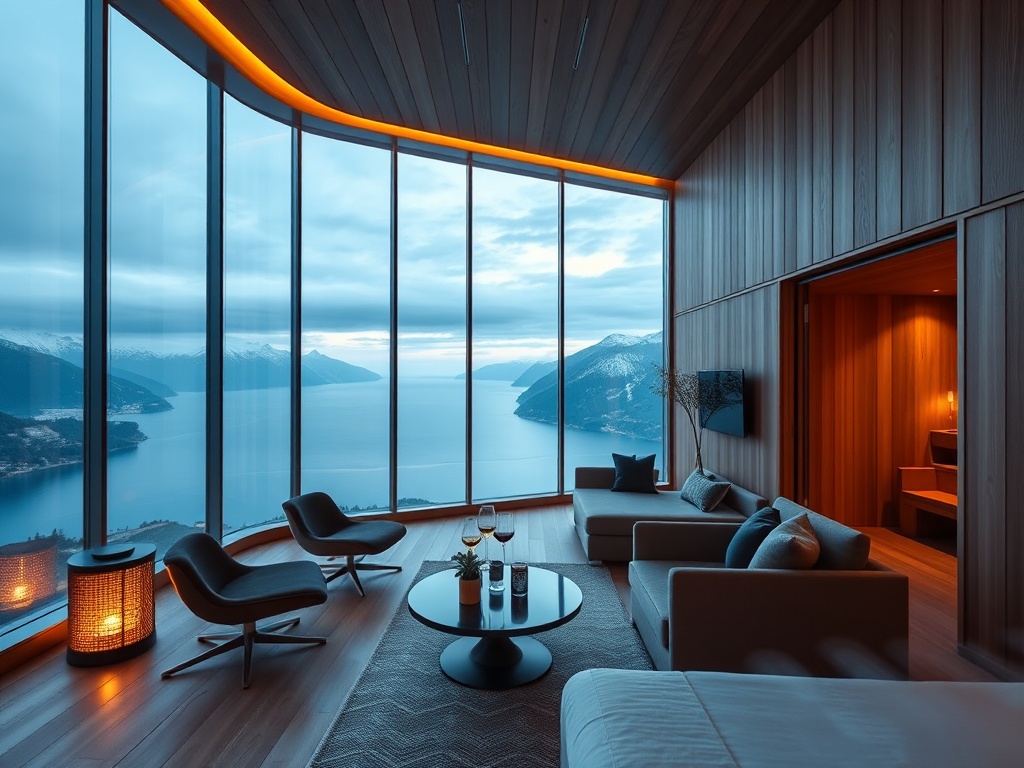 "Luxury Nordic suite with floor-to-ceiling windows overlooking Norwegian fjord, warm minimal wood, elegant casino lounge glints, serene sauna steam, rooftop cocktails."