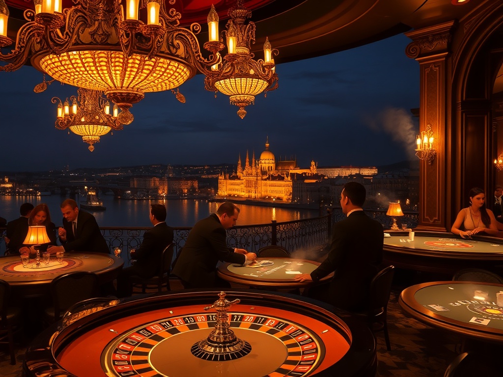 "Bohemian luxury casino interior at night with warm chandeliers, roulette table glow, elegant poker patrons in suits, panoramic Prague skyline and Vltava reflections, adjoining historic spa steam ambiance in soft focus." "No people faces"