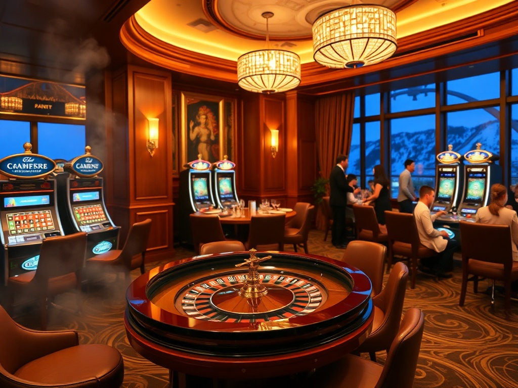 A luxurious Nordic casino hotel lounge at night, warm wood, soft lights, elegant roulette table, sparkling slot machines, nearby spa steam, fine dining mood, lively guests.