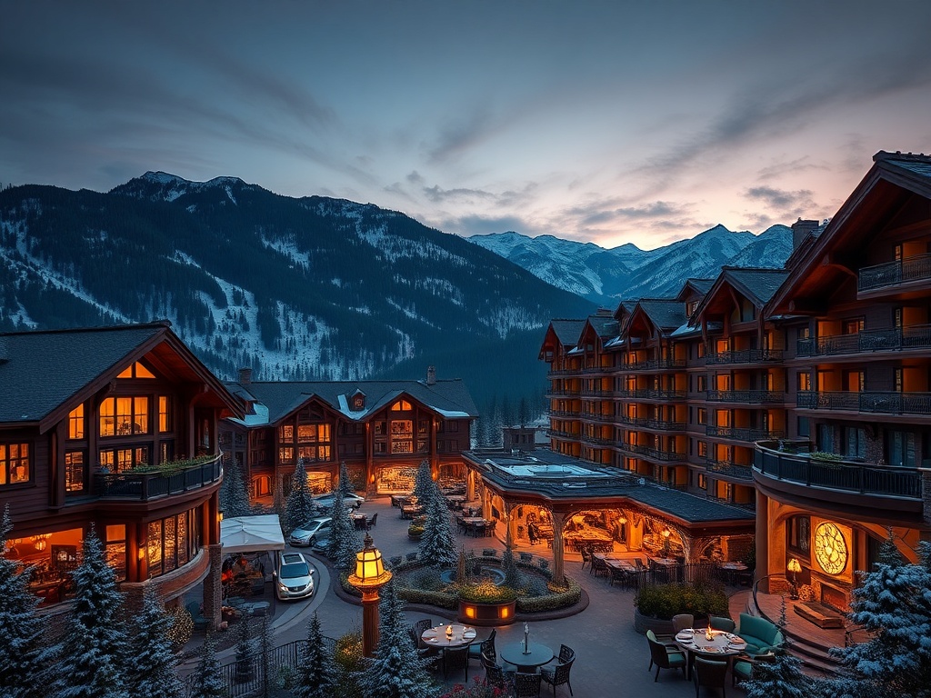 “Panoramic alpine resort at dusk with dark walnut and ivory interiors visible, gold accents, forest-green highlights, elegant casino ambience, snow-capped peaks, cinematic lighting, high-end mood.”