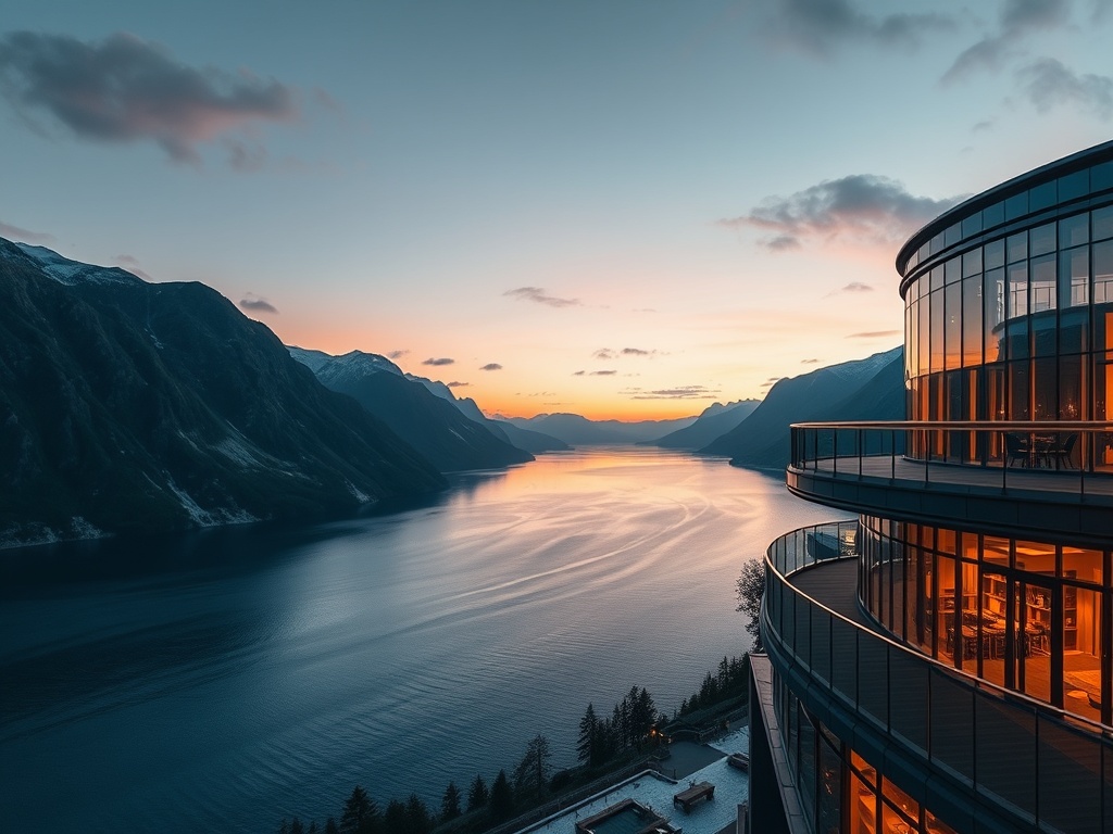 A grand Nordic luxury casino hotel entrance beside a dramatic Norwegian fjord at dusk, glass facade, warm lighting, elegant suited balcony, panoramic views.