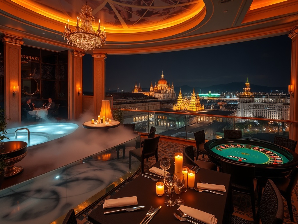 "opulent Hungarian luxury hotel scene blending 'thermaal spa steam' and 'glamorous VIP casino gaming tables' with 'gourmet dining' and 'rooftop cocktails' at night, elegant." "You MUST not include ANY brand images or logos." "You may ONLY reply with the f