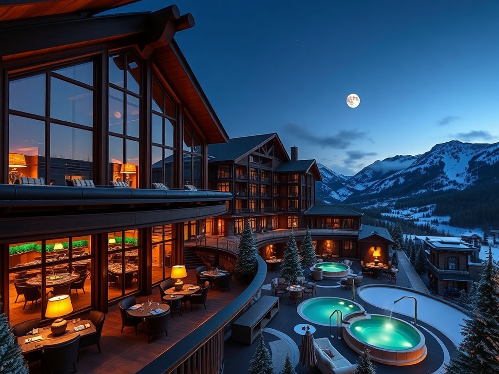 "Panoramic alpine resort at dusk, dark walnut interiors spilling to balcony, warm gold accents, forest-green lamps, elegant casino glow, spa steam, moonlit peaks, luxurious adult lounge atmosphere."