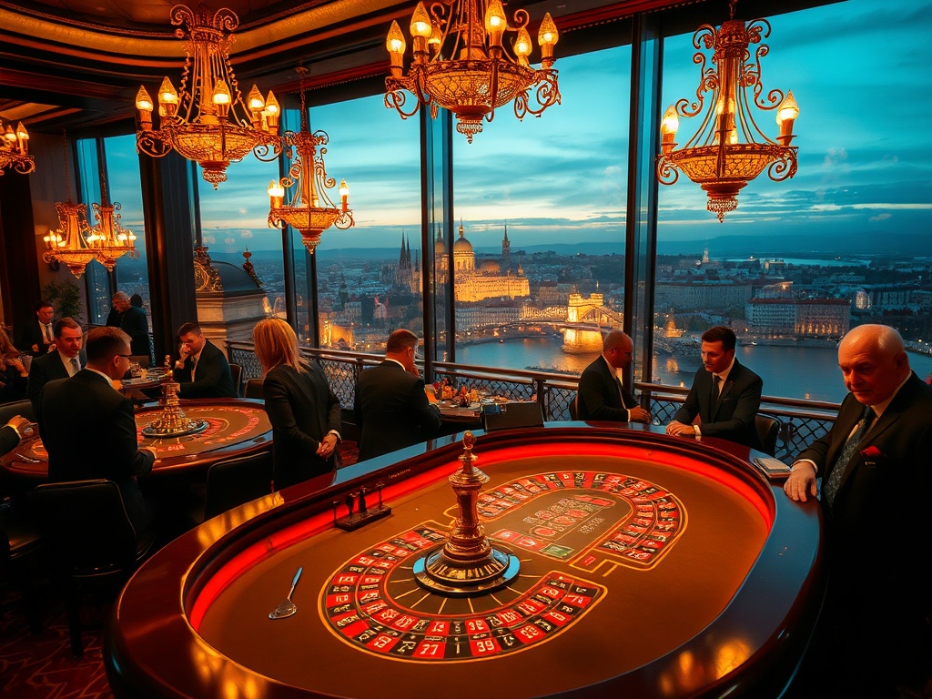 "Bohemian luxury casino interior at night with warm chandeliers, roulette table glow, elegant poker patrons in suits, panoramic Prague skyline and Vltava reflections, adjoining historic spa steam ambiance in soft focus." "No people faces"