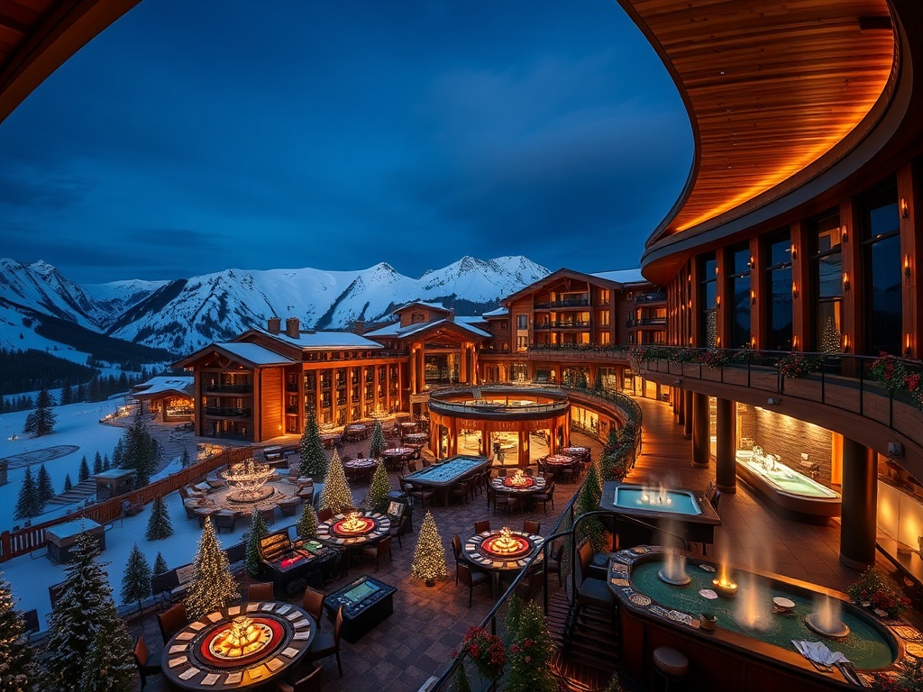A night panorama of alpine grand resort; dark walnut and gold interiors glowing; panoramic suites overlooking snowy peaks; elegant casino tables and spa steam.