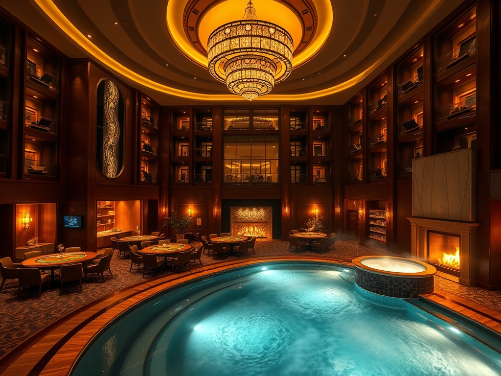 Luxurious Finnish casino hotel at night, warm lighted lounge, elegant poker tables, glowing fireplace, steaming spa pool, Nordic gourmet dining glow, inviting atmosphere.
