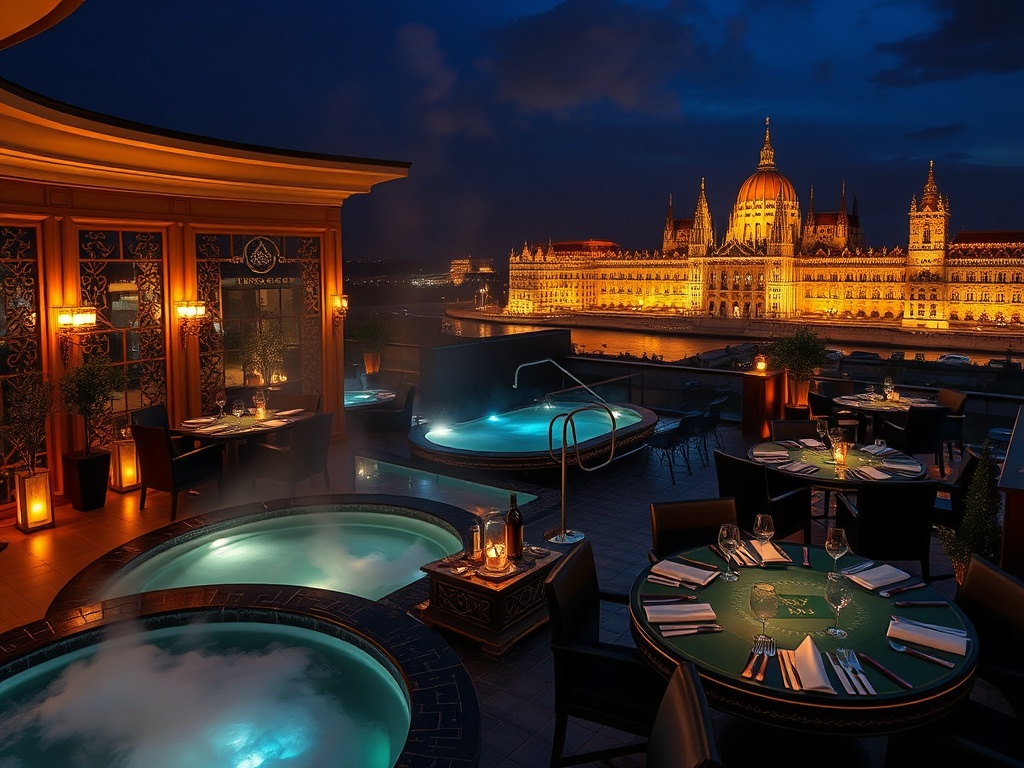 "opulent Hungarian luxury hotel scene blending 'thermaal spa steam' and 'glamorous VIP casino gaming tables' with 'gourmet dining' and 'rooftop cocktails' at night, elegant." "You MUST not include ANY brand images or logos." "You may ONLY reply with the f