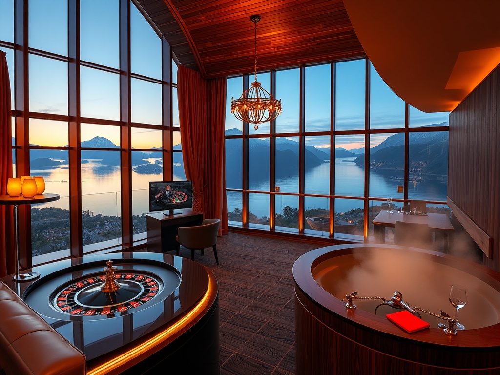 “luxury Norwegian casino hotel interior” “panoramic fjord windows” “elegant Nordic suite with warm wood” “VIP gaming lounge” “glowing roulette table” “wellness sauna steam” “rooftop cocktail lounge at dusk”