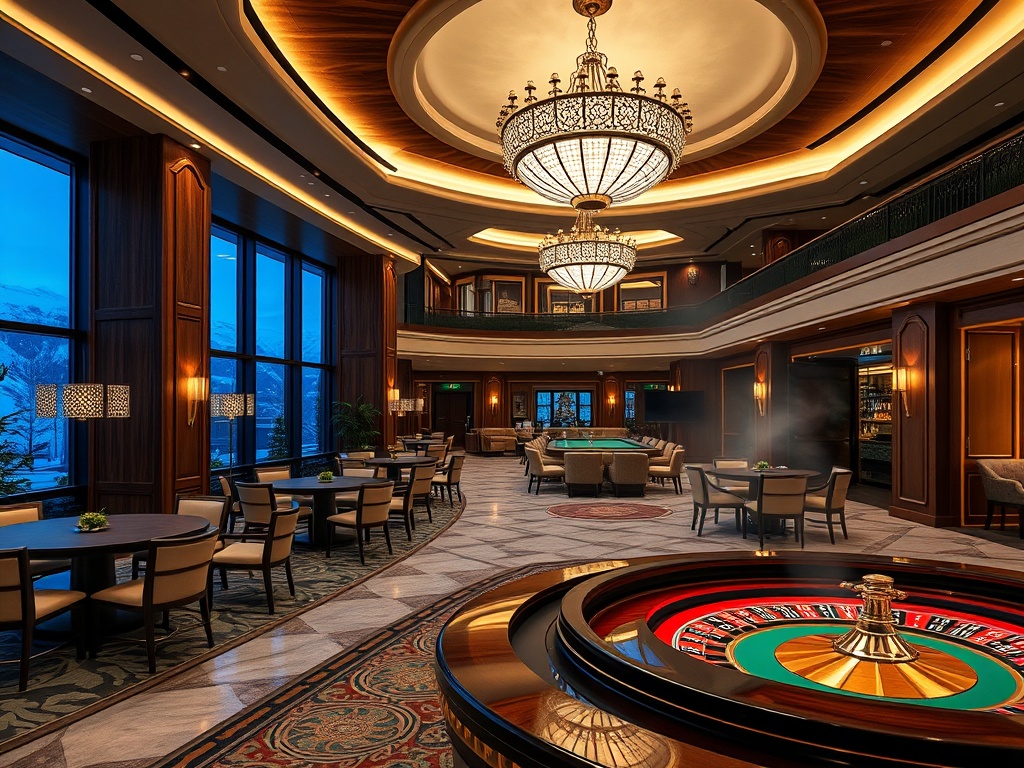 "Alpine casino lobby at dusk, 'dark walnut' 'ivory' 'forest green' accents, 'roulette table' glow, 'spa steam'." "You MUST not include ANY brand images or logos."