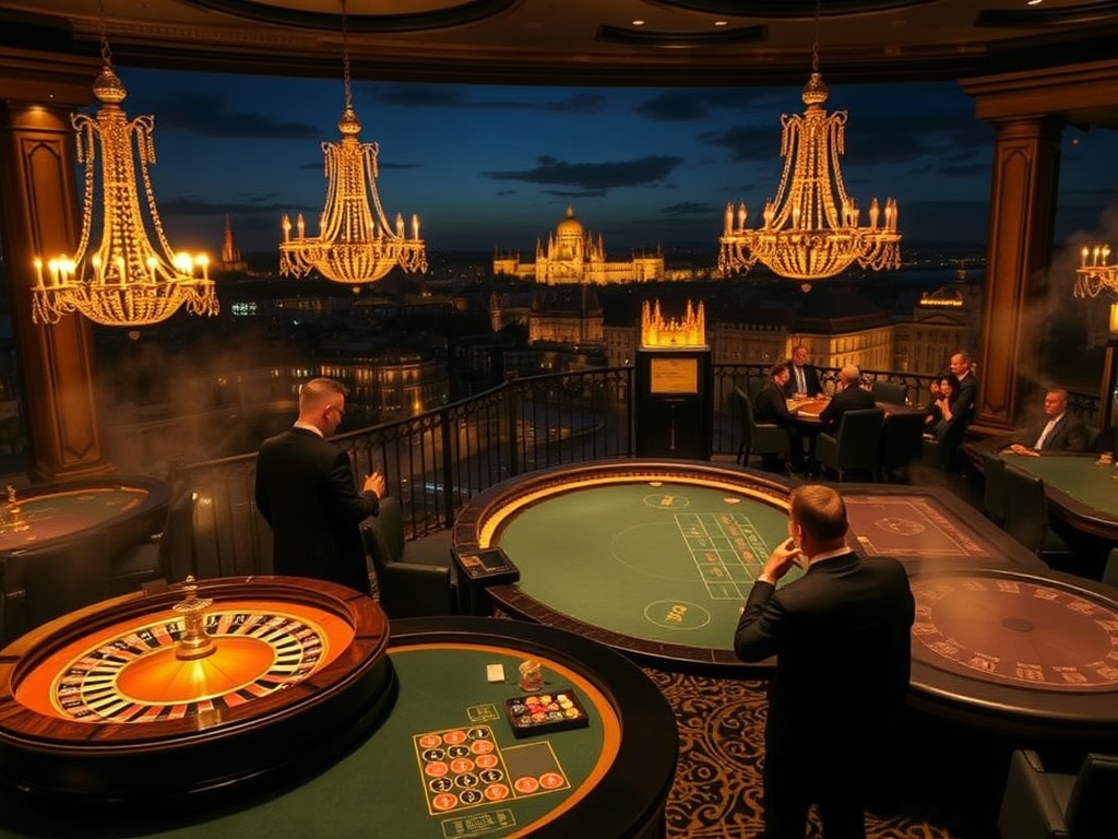 "Bohemian luxury casino interior at night with warm chandeliers, roulette table glow, elegant poker patrons in suits, panoramic Prague skyline and Vltava reflections, adjoining historic spa steam ambiance in soft focus." "No people faces"