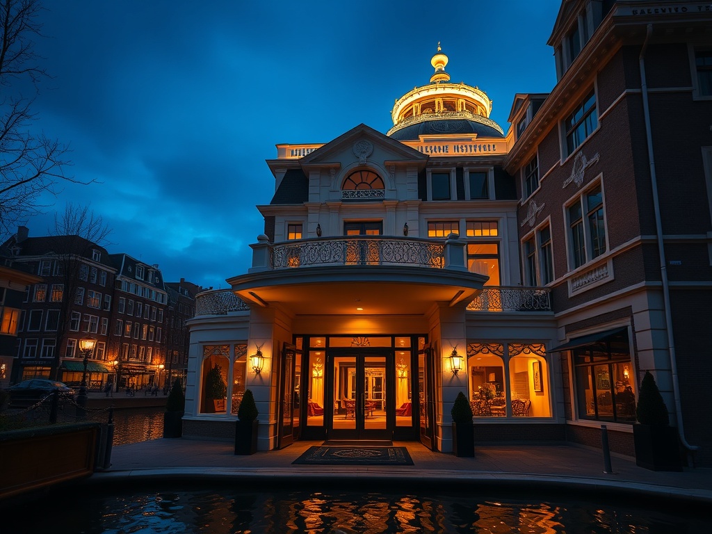 "Luxury canal-district casino hotel entrance at dusk in the Netherlands, warm lights reflecting on water, elegant doors, rooftop glow, refined adults-only vibe."