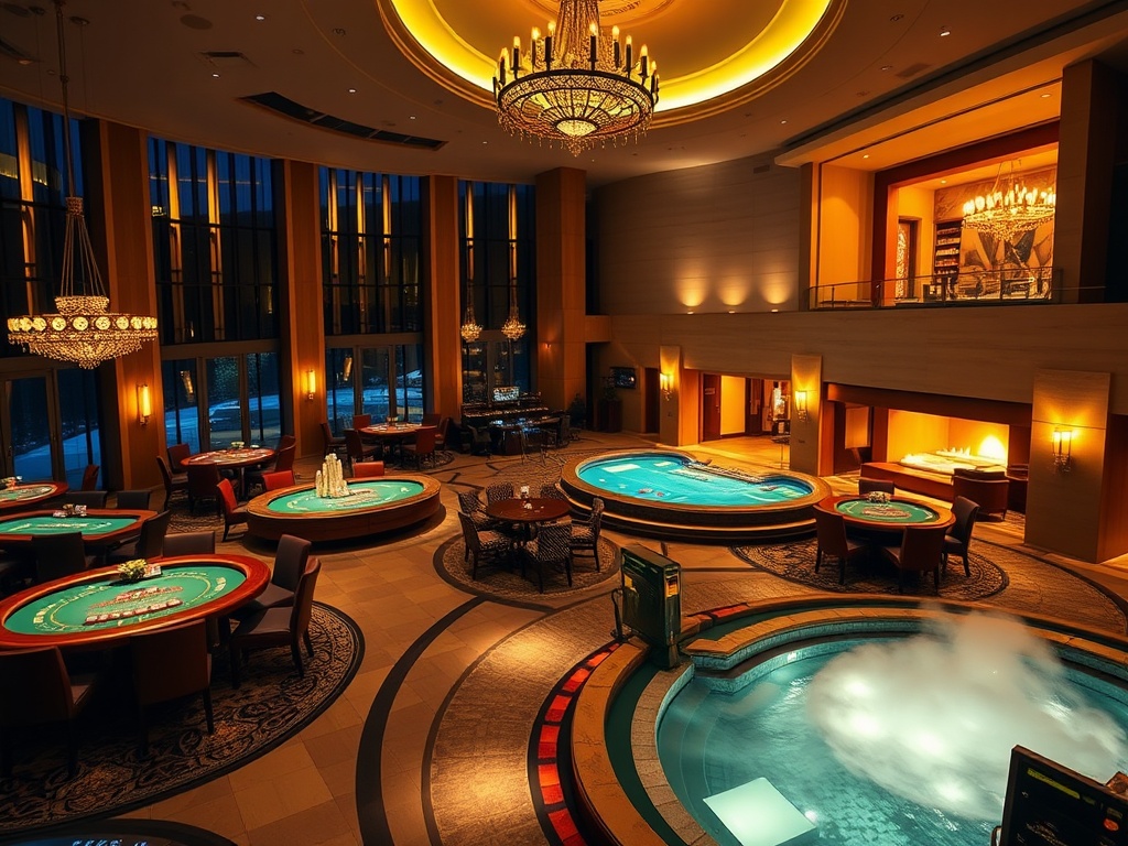 Luxurious Finnish casino hotel at night, warm lighted lounge, elegant poker tables, glowing fireplace, steaming spa pool, Nordic gourmet dining glow, inviting atmosphere.