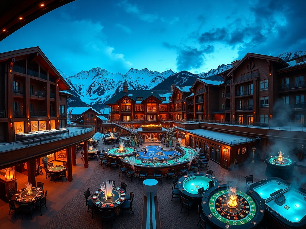 A night panorama of alpine grand resort; dark walnut and gold interiors glowing; panoramic suites overlooking snowy peaks; elegant casino tables and spa steam.