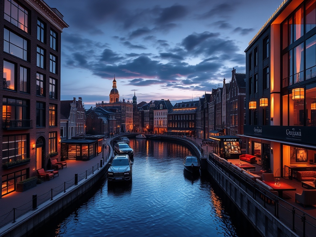 A Dutch canal district luxury casino hotel at dusk, elegant suites, warm window light, stylish gaming lounge glow, rooftop cocktails skyline.