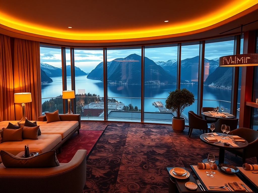 Ultra-luxury Norwegian casino hotel scene, "warm Nordic suites" with panoramic fjord windows, "VIP gaming lounge" lights, "sauna wellness steam", rooftop cocktail glow, elegant fine dining ambiance.