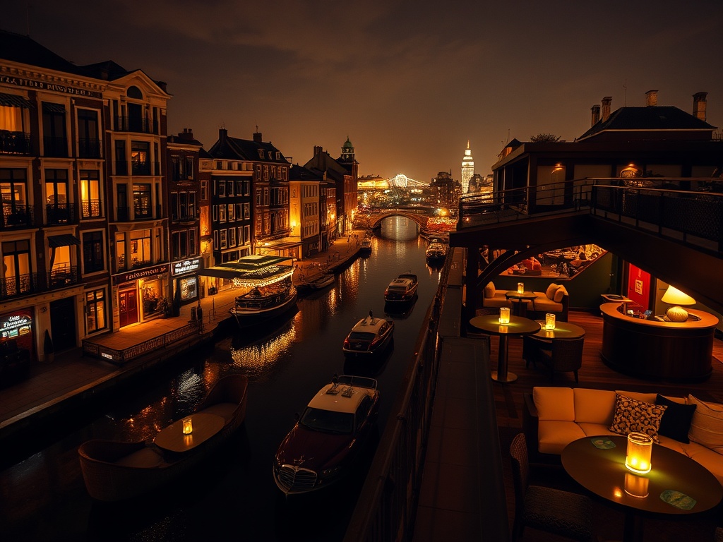 "Nighttime canal district luxury hotel, elegant lit suites overlooking canals, velvet gaming lounge glow, rooftop cocktail terrace panorama, warm inviting ambiance, cinematic." "Explore luxe today, book now"