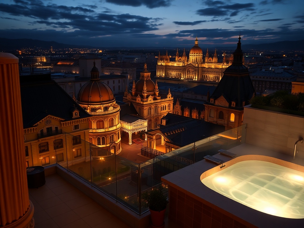 "Opulent Hungarian city-view suite balcony at night, warm thermal steam, elegant casino glow, rooftop lounge silhouettes, soft lighting, luxurious spa ambiance"