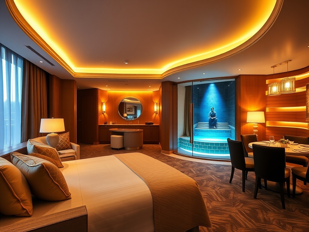 "luxurious Finnish casino hotel suite" "glowing spa steam and sauna" "gourmet restaurant with Nordic dishes" "vibrant nightlife lounge lights" "golden casino ambience"