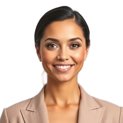 A person smiling to the camera with a white background looking like