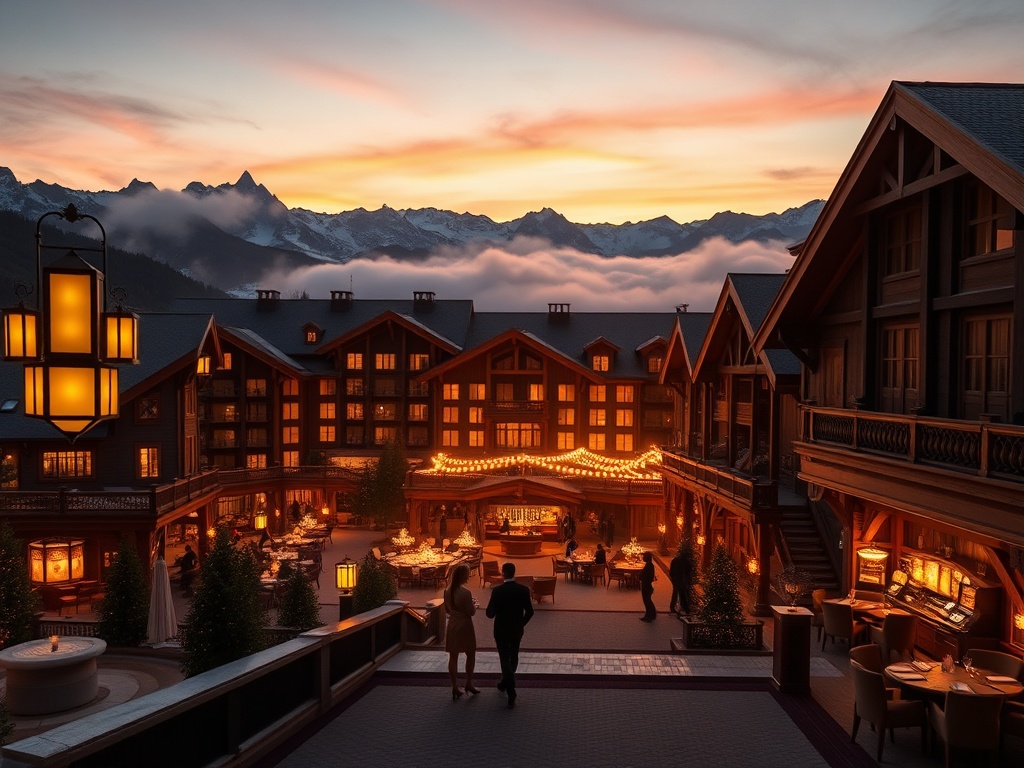 "Panoramic Alpine grand resort at sunset, dark walnut and gold interiors, warm lantern glow, elegant adults silhouettes entering casino lounge, misty mountains, luxurious spa steam ambiance." " "You MUST not include ANY brand images or logos. " "You MAY o