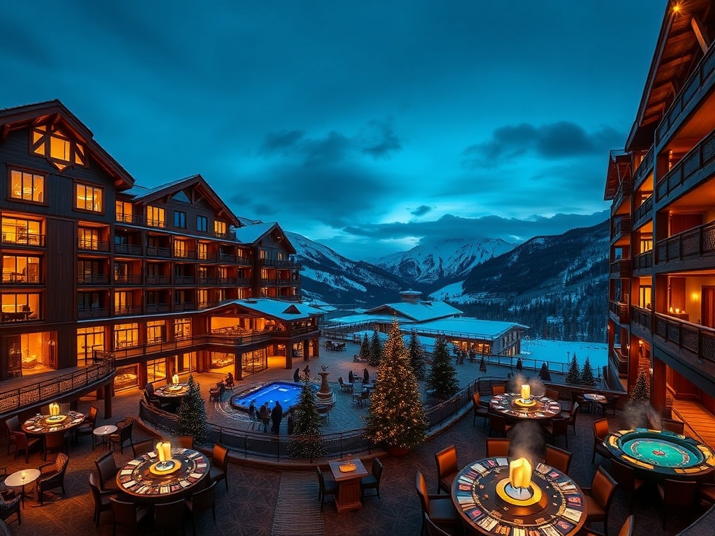 A night panorama of alpine grand resort; dark walnut and gold interiors glowing; panoramic suites overlooking snowy peaks; elegant casino tables and spa steam.