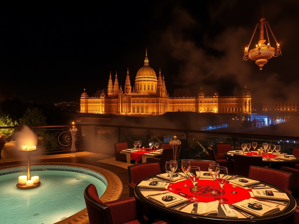 "opulent Hungarian luxury hotel scene blending 'thermaal spa steam' and 'glamorous VIP casino gaming tables' with 'gourmet dining' and 'rooftop cocktails' at night, elegant." "You MUST not include ANY brand images or logos." "You may ONLY reply with the f