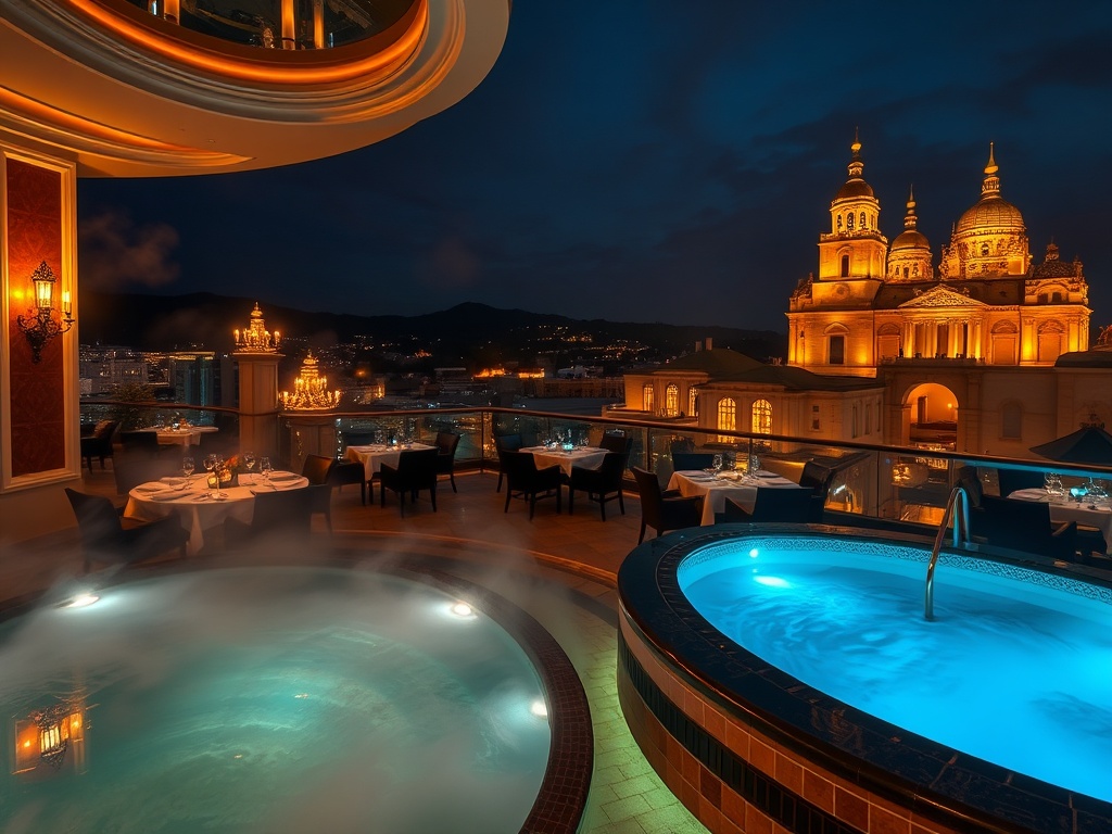 "opulent Hungarian luxury hotel scene blending 'thermaal spa steam' and 'glamorous VIP casino gaming tables' with 'gourmet dining' and 'rooftop cocktails' at night, elegant." "You MUST not include ANY brand images or logos." "You may ONLY reply with the f