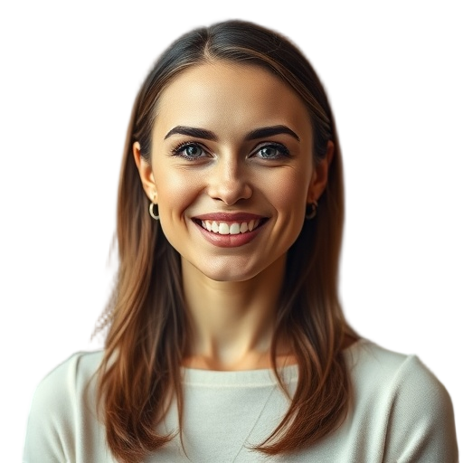 A woman smiling to the camera with a white background looking like