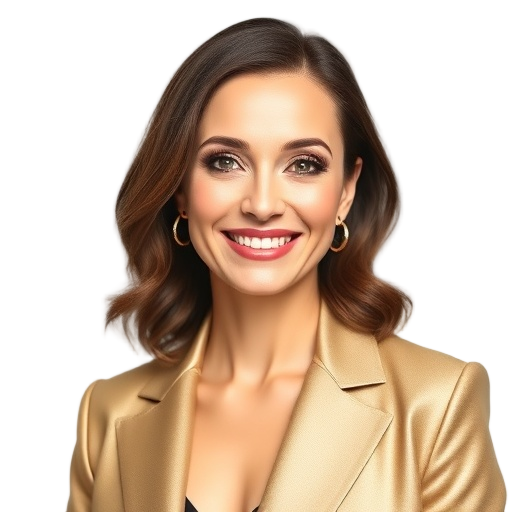 A smiling woman named Johanna de Vries with elegant makeup, wearing a luxurious evening jacket, against a pure white background.