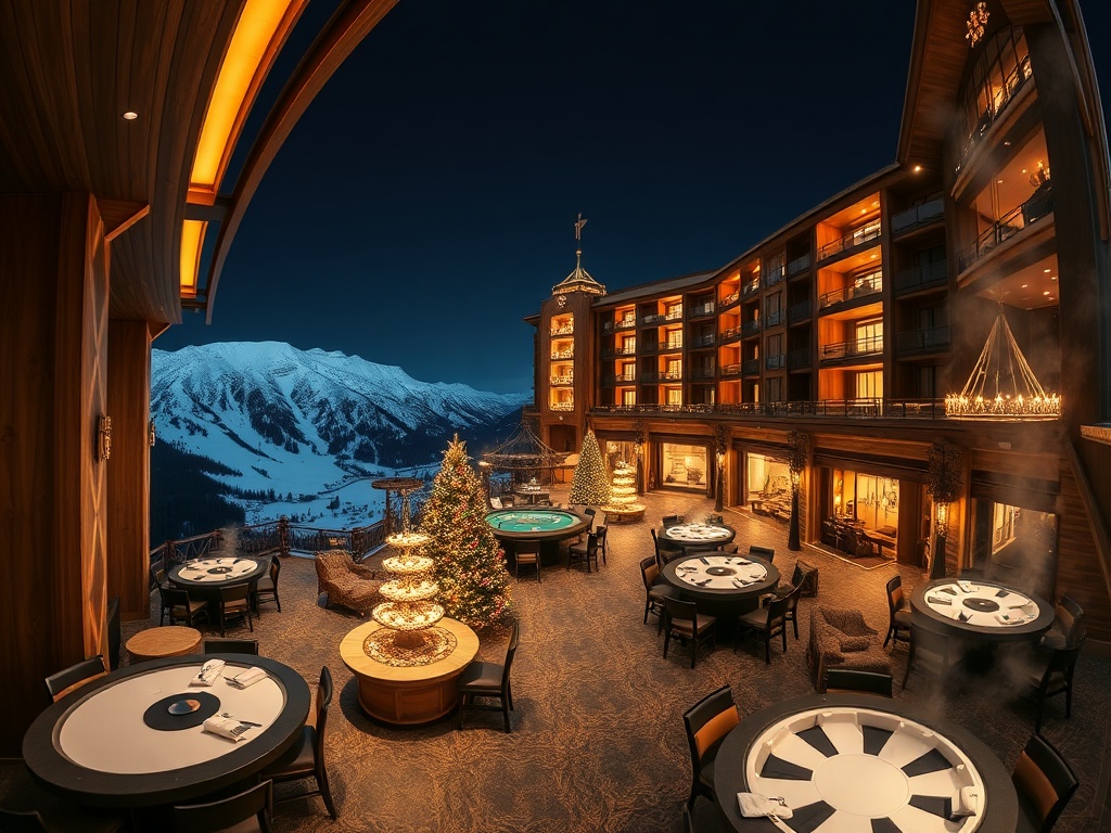 A night panorama of alpine grand resort; dark walnut and gold interiors glowing; panoramic suites overlooking snowy peaks; elegant casino tables and spa steam.