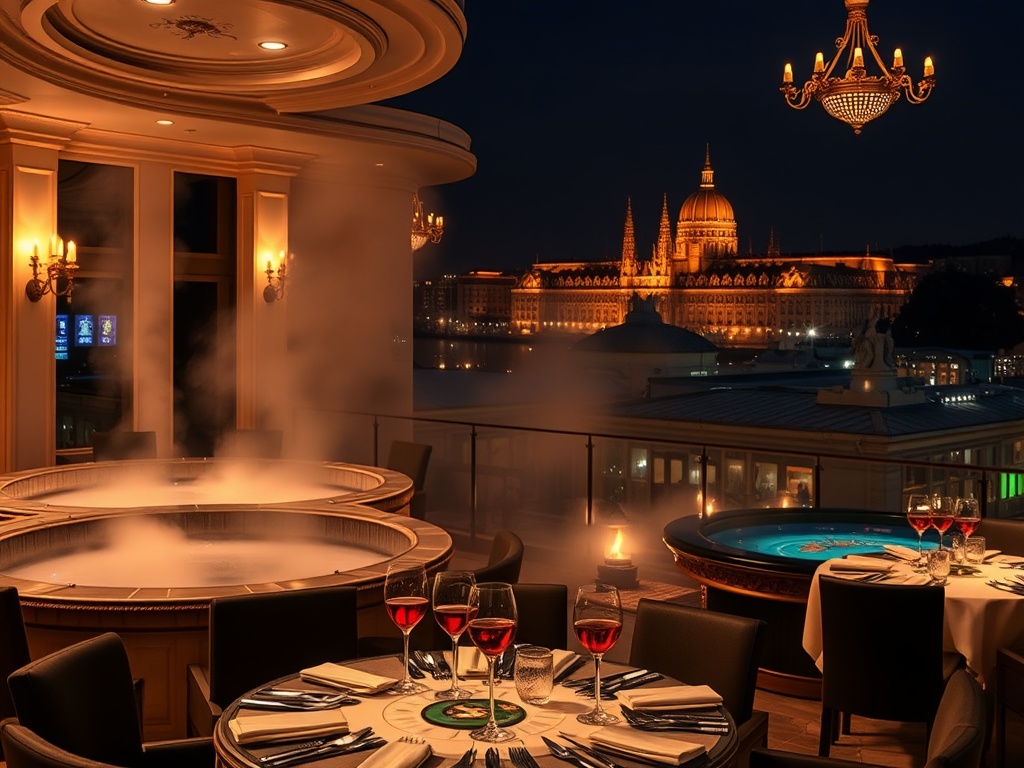 "opulent Hungarian luxury hotel scene blending 'thermaal spa steam' and 'glamorous VIP casino gaming tables' with 'gourmet dining' and 'rooftop cocktails' at night, elegant." "You MUST not include ANY brand images or logos." "You may ONLY reply with the f