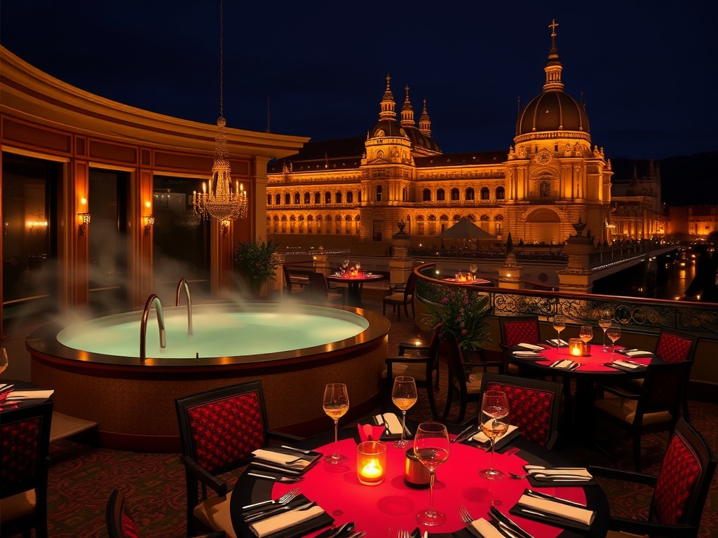 "opulent Hungarian luxury hotel scene blending 'thermaal spa steam' and 'glamorous VIP casino gaming tables' with 'gourmet dining' and 'rooftop cocktails' at night, elegant." "You MUST not include ANY brand images or logos." "You may ONLY reply with the f