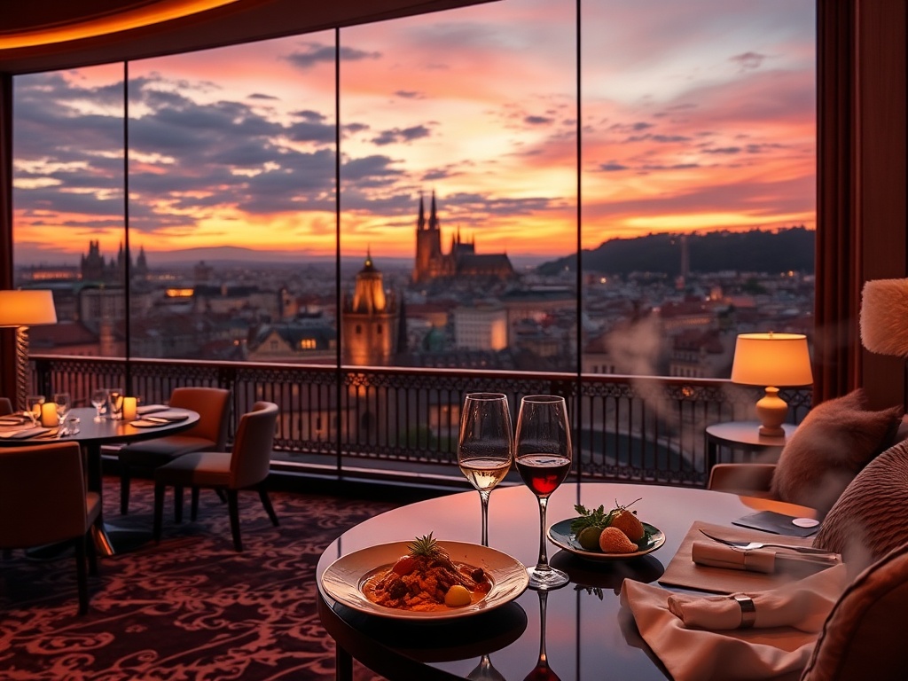 "luxury Prague casino lounge at dusk" "glowing suite skyline view" "historic spa steam" "fine Czech cuisine plating" "warm romantic ambiance" .