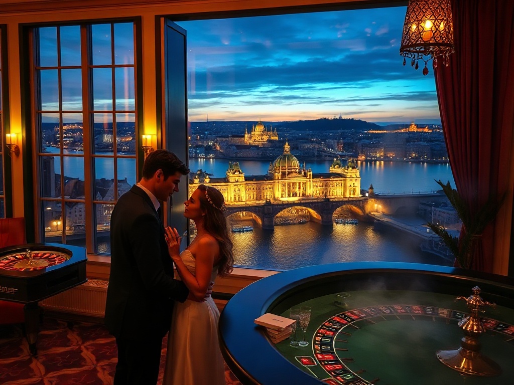 "Opulent Czech casino hotel scene at night, panoramic Prague skyline and Vltava glow through tall windows, elegant gaming salon lights, velvet cards, roulette table, tranquil spa steam ambience." "Cinematic lighting, Bohemian elegance, luxurious suites at