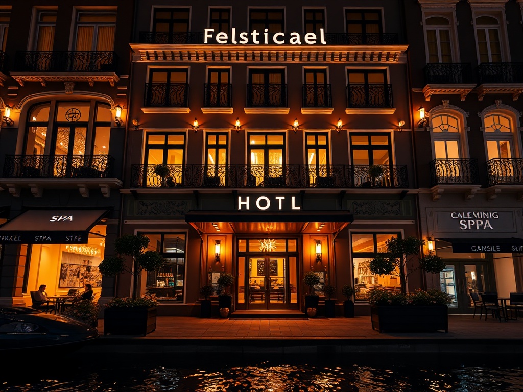 "Night canal district luxury hotel facade with warm lights, designer suites glow, elegant rooftop cocktails, hints of gaming lounge ambiance, serene spa silhouettes; inviting atmosphere"